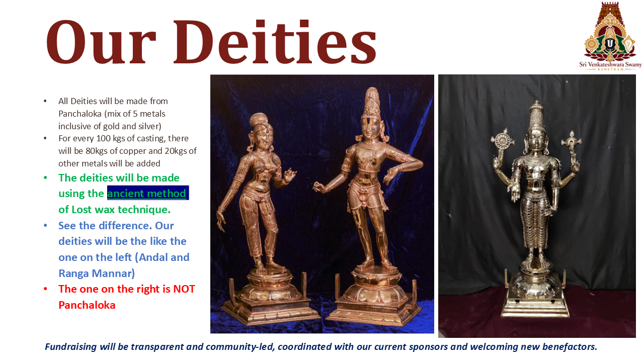 Our Deities – Panchaloha deity construction information for Sri Venkateshwara Swamy Kshetram.